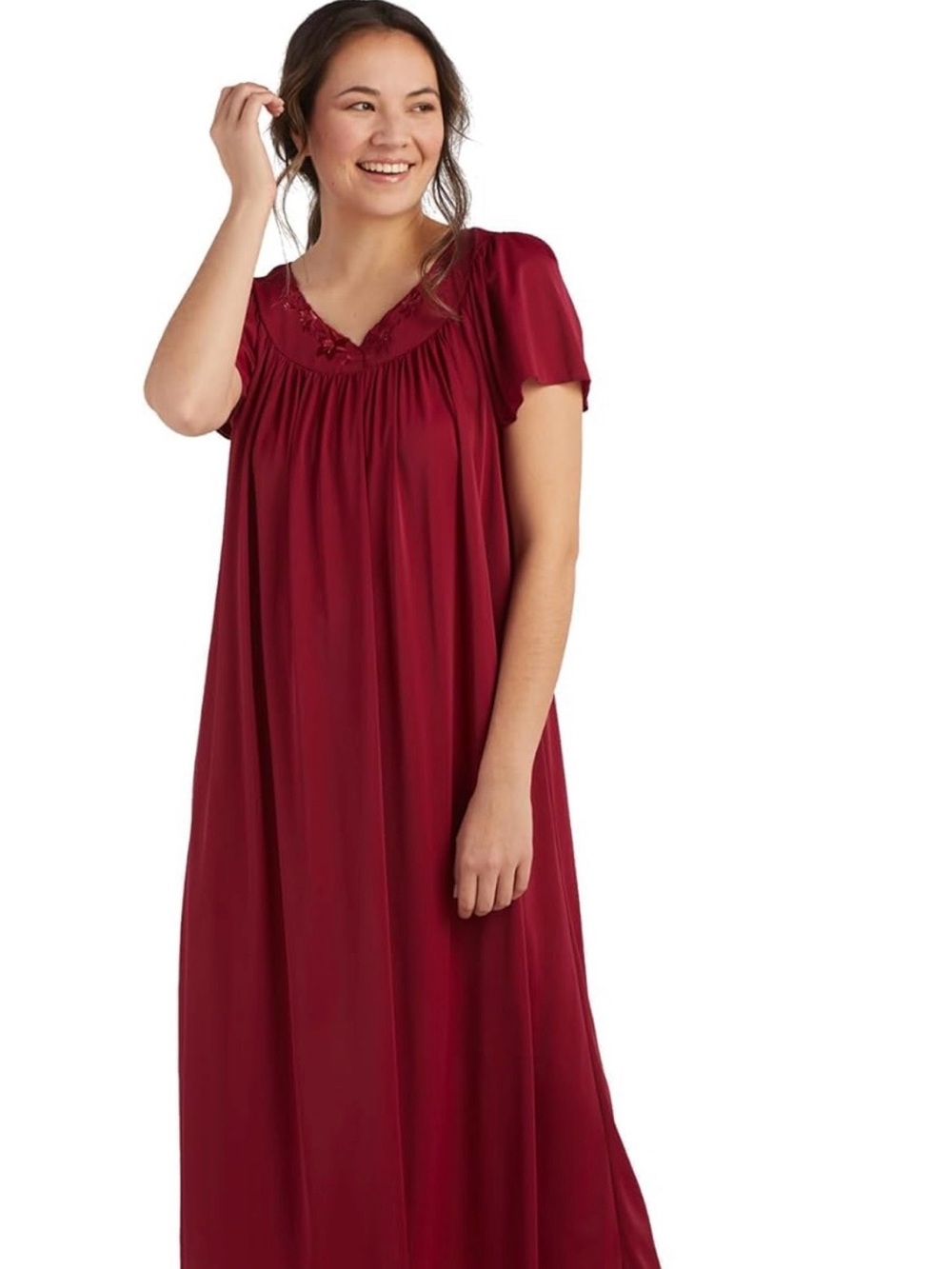 Miss Elaine Red Embroidered Short-Sleeve Nightgown - Picture 5 of 5
